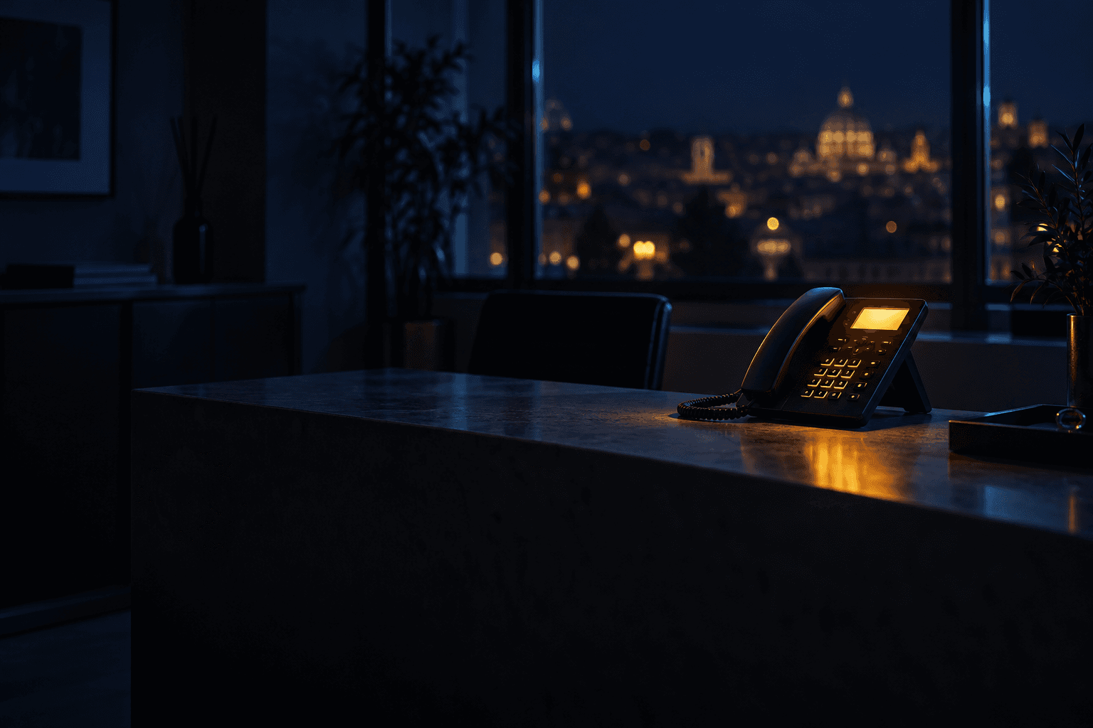 Reception di uno studio la sera, vuota, con il telefono sul bancone illuminato da una luce gialla