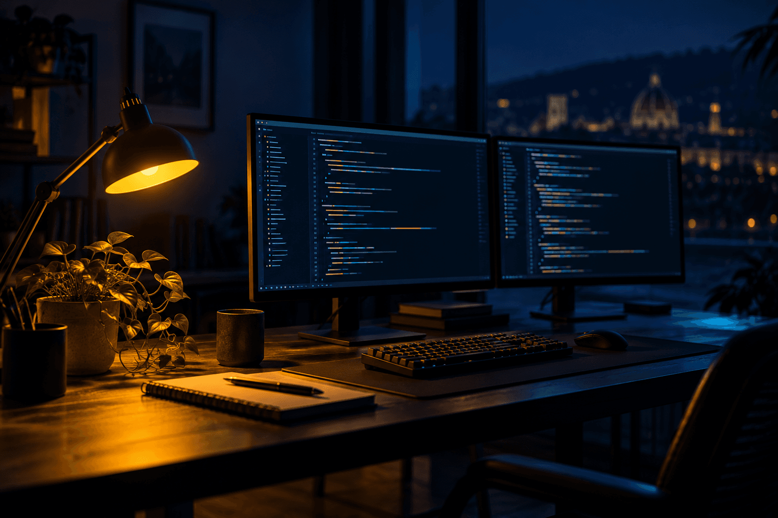 Postazione di sviluppo la sera con due monitor, una tastiera, un quaderno e una lampada gialla