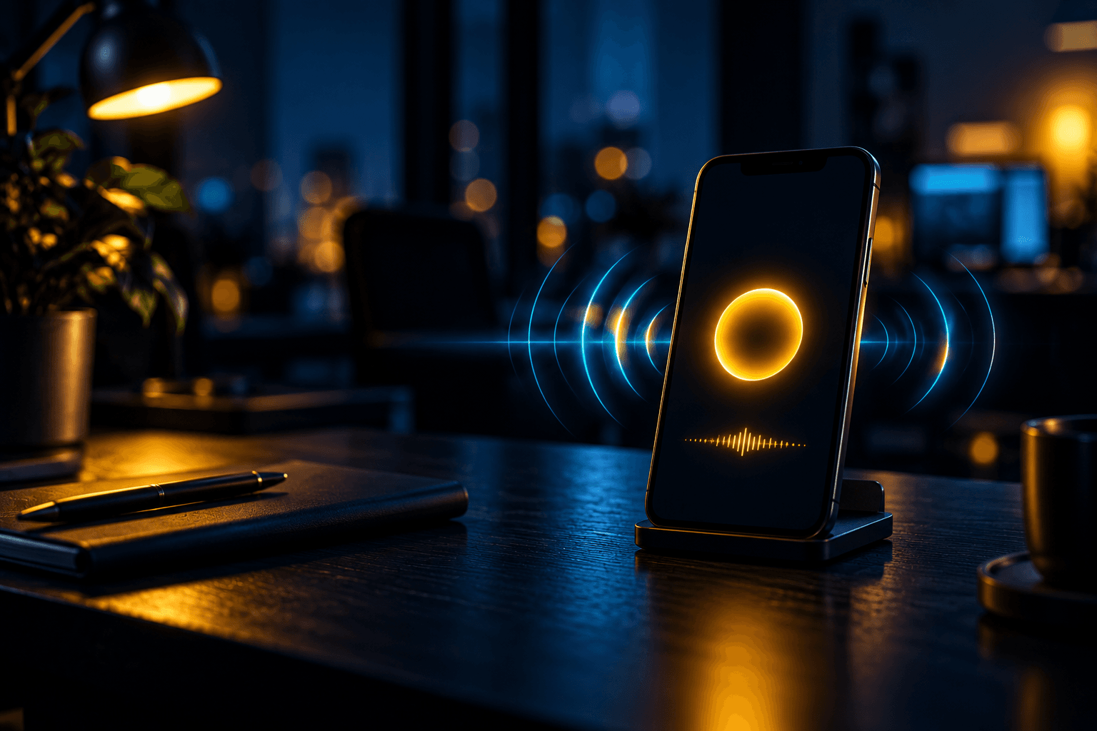 Smartphone su una scrivania al buio con un cerchio luminoso giallo sullo schermo e onde sonore azzurre