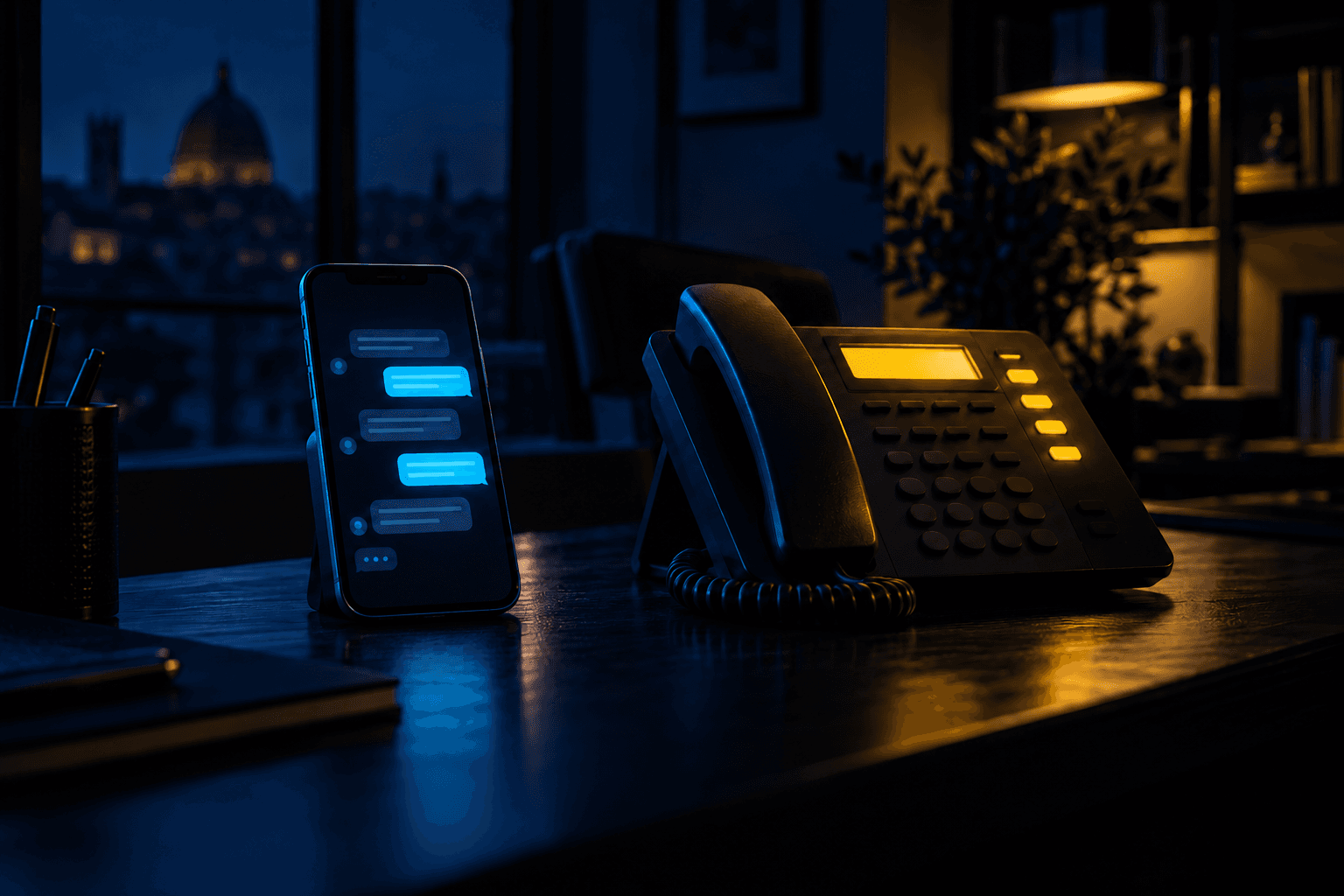 Uno smartphone con una chat e un telefono da scrivania affiancati su una scrivania al buio
