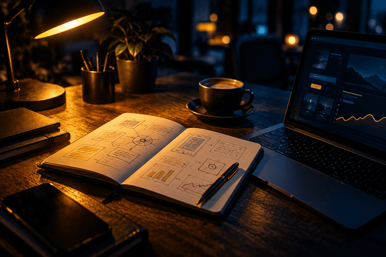 Quaderno aperto con schemi disegnati a mano, un portatile e una tazza di caffè su una scrivania la sera
