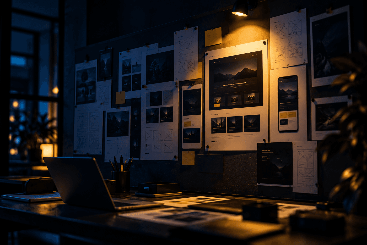 Progetti da verificare Parete di uno studio con bozze di siti e wireframe appesi, illuminati da un faretto giallo
