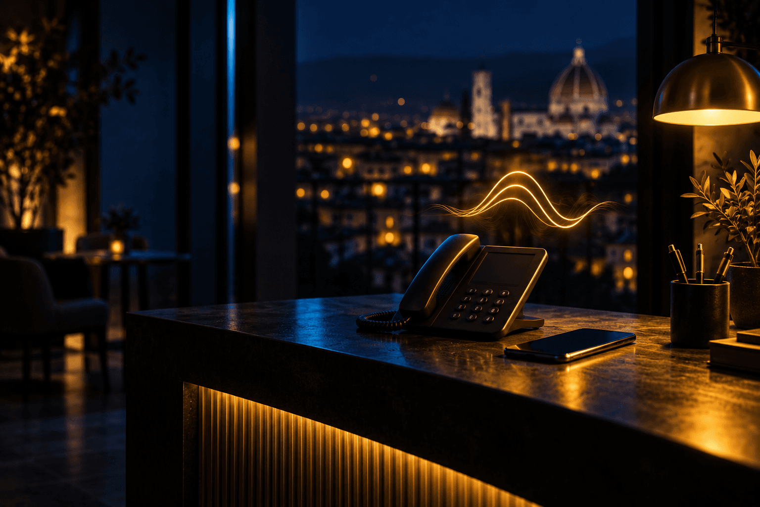 Telefono da scrivania e smartphone su un bancone la sera, con un'onda di luce gialla