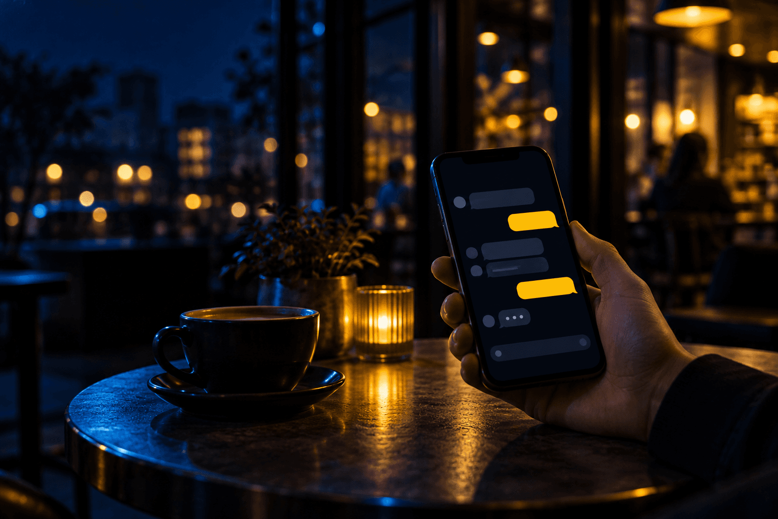 Una mano tiene uno smartphone con una chat aperta, sul tavolino di un bar la sera