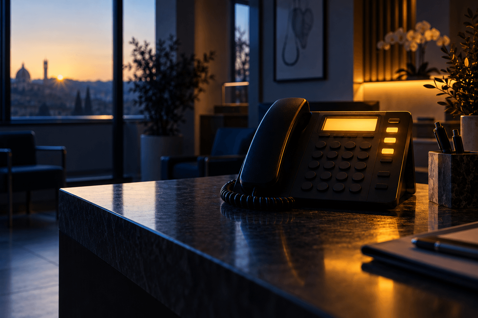Reception vuota di uno studio medico al mattino presto, con il telefono acceso sul bancone