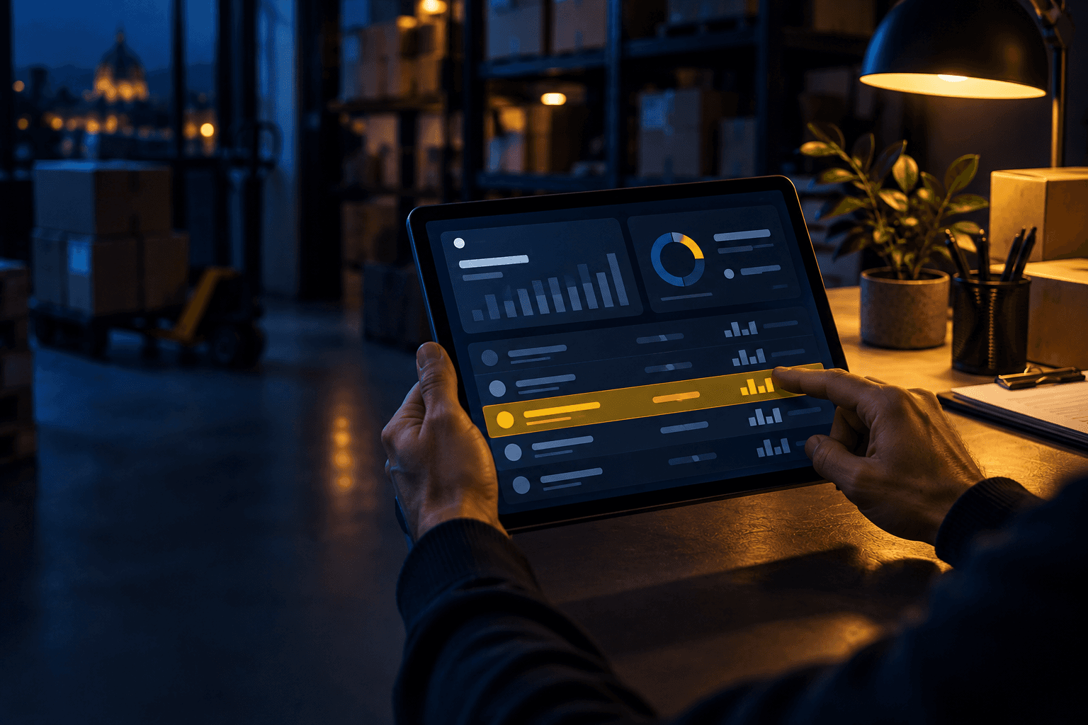 Mani che tengono un tablet con un gestionale aperto, in un ufficio di magazzino la sera