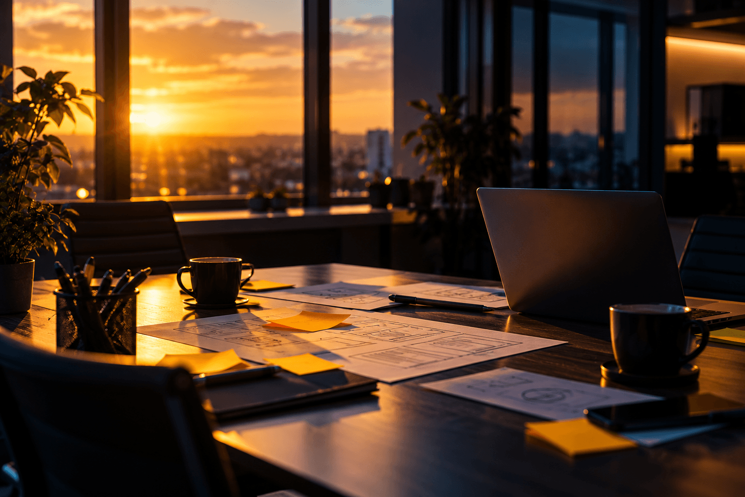 Il prossimo può essere il tuo Tavolo di lavoro in una sala riunioni al tramonto, con un portatile aperto e appunti di progetto