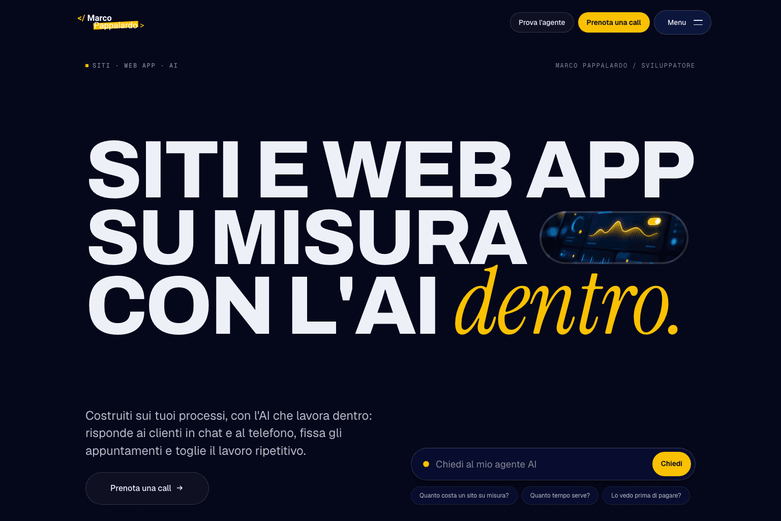 Il sito che stai guardando La home di marcopappalardo.it con il titolo Siti e web app su misura con l'AI dentro