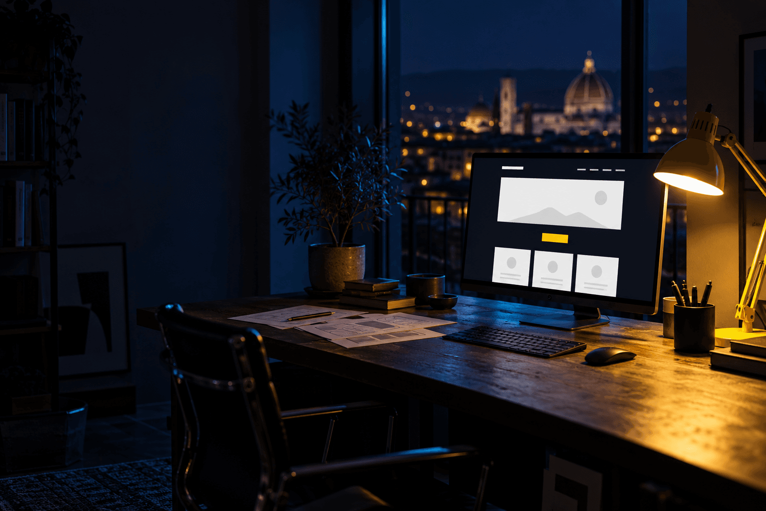 Siti web su misura Scrivania di uno studio la sera, con un monitor che mostra il wireframe di un sito e schizzi di pagine su carta