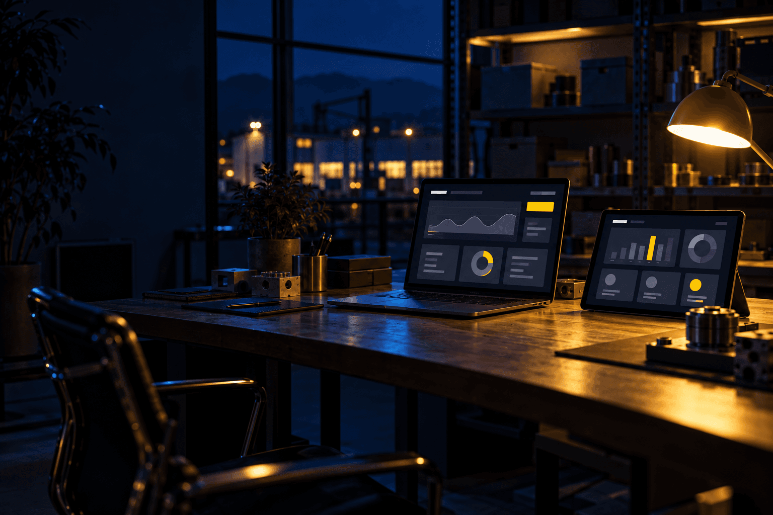 Web app su misura Portatile e tablet con dashboard su una scrivania, in un ufficio di produzione la sera