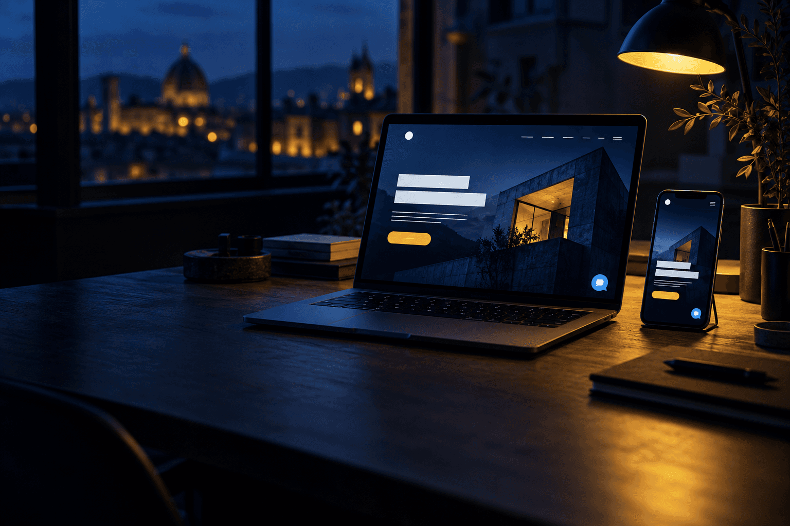 Il sito che stai guardando Portatile e smartphone su una scrivania di sera, con la pagina di un sito sugli schermi e la città illuminata alla finestra